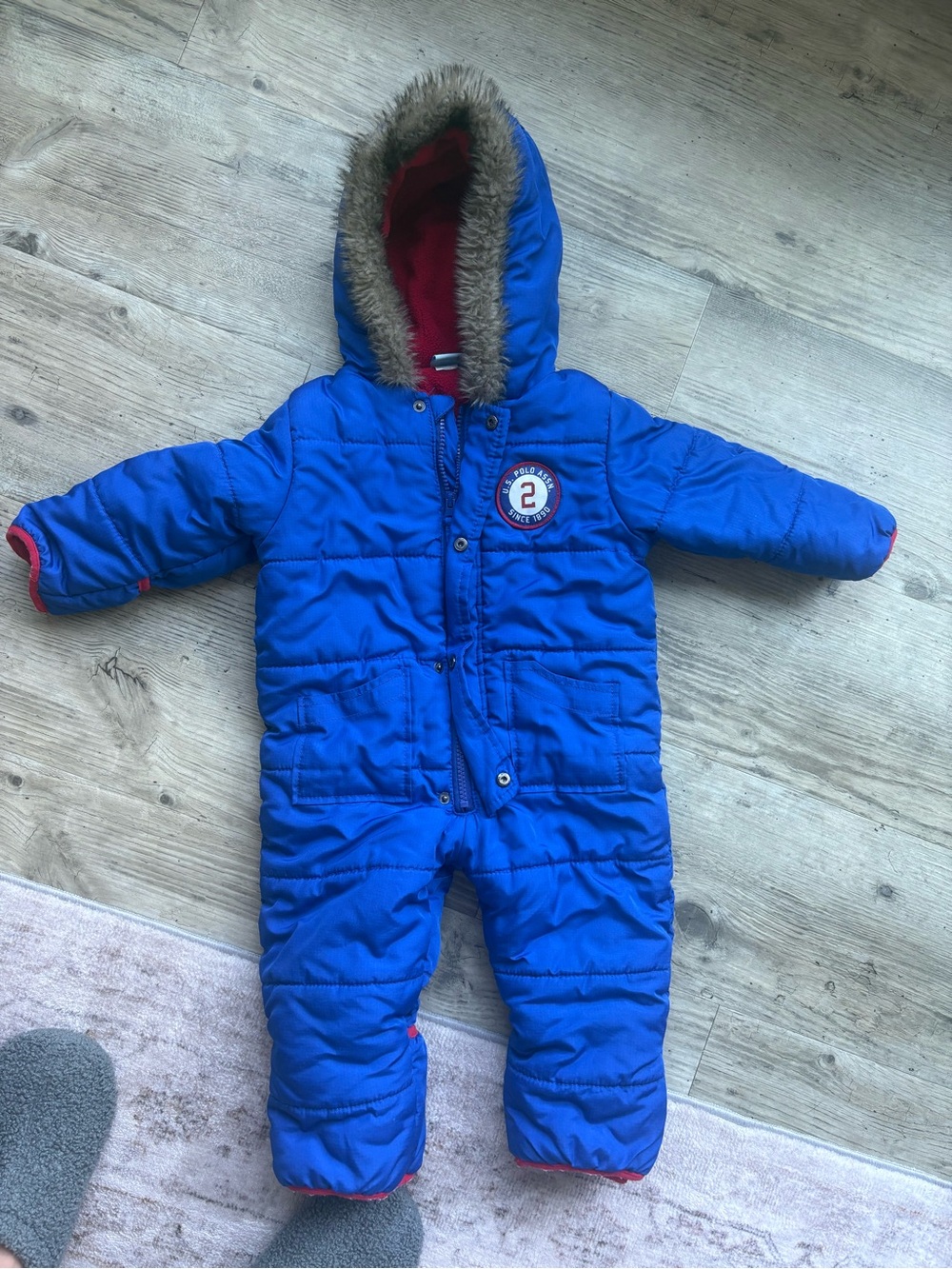 U.S. Polo Assn. Royal Blue Puffer One-Piece Snowsuit with Faux Fur Hood